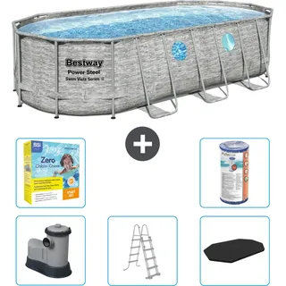 Bestway Oval Power Steel Swim Vista Swimmingpool – Steindruck – 549 x 274 x 122 – inklusive Pumpe – Leiter – Abdeckung Wartungspaket - Filter