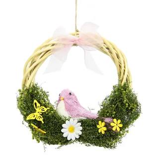 I.GE.A. Kunstkranz »Mit Blüten, Vogel und Schleife« aus Rattan, Türkranz, rosa