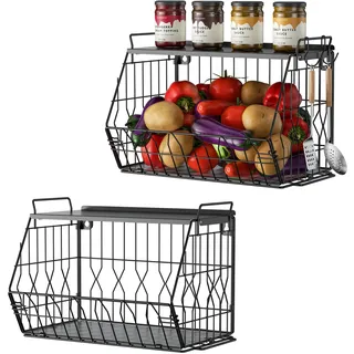 Ezprotekt Obstschale, stapelbarer Obstkorb mit Metalldeckeln, Obstkorb für Küchentheke und Wandmontage, Organizer für Obst, Gemüse, Kartoffeln, Zwiebeln, Brot & Speisekammer-Snack, Schwarz