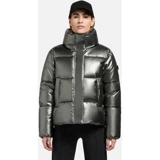 Steppjacke KHUJO "Steppjacke Rinja Shiny-YM", Damen, Gr. XXL, grau (medium grau), Obermaterial: 50% Polyester PES. 50% Polyurethan PU.  Obermaterial: Futter: 100% Nylon NY. 100% Polyester PES., oversize hüftbedeckend, hoch geschlossener Ausschnitt, Ärmel ohne Ärmelschlitz Bündchen, Jacken Steppjacke, Glänzende kurze Winterjacke für Damen