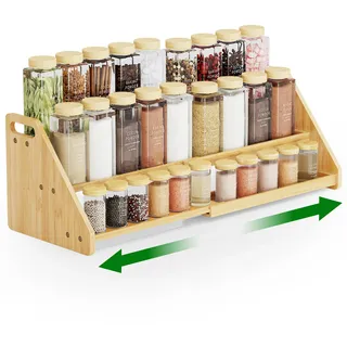 NiHome 3-stufiges Ausziehbares Gewürzregal aus Bambus, 32–60 cm Verstellbar, Gewürz Organizer für Küche & Speisekammer, Stehendes Küchenregal für Gewürze, Gläser & Vorräte, Küchen Organizer