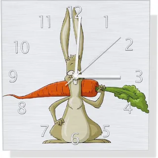 Wallario Design Wanduhr Lustiger Hase mit Möhre im Comic Stil aus Aluverbund, Größe 30 x 30 cm - Weiß
