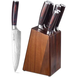 Paudin Messerblock Set mit 9-TLG, Scharfes Hochwertiges Küchenmesser Set aus Edelstahl, Messerblock mit Messer & Ergonomischem Holzgriff, Messerset mit Block für Koch/Haushalt, FDA