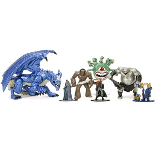 Jada Toys Dungeons and Dragons Figuren Set (Mega Pack mit 7 Sammelfiguren in 3 Größen) - DND Figuren aus Metall ab 12 Jahre (Elf, Human Barbarian, Zwerg, Golem, Oger, Beholder, Drache,), 4-10 cm