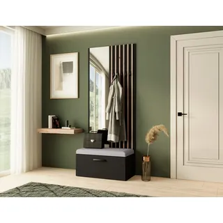 Garderobe MARGARET II, Farbe: Schwarz + Artisan Lamellen+ Hellbeige, mit Spiegel - Schwarz, Beige