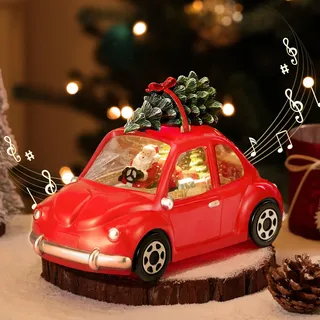 Lewondr Weihnachtsschneekugel Oldtimer mit Musik und Licht, 8 Verschiedene Weihnachtliche Lieder, 6 Stunden Timerfunktion Schneekugel mit USB & Batterie für Esstisch, Kamin, Wohnzimmer