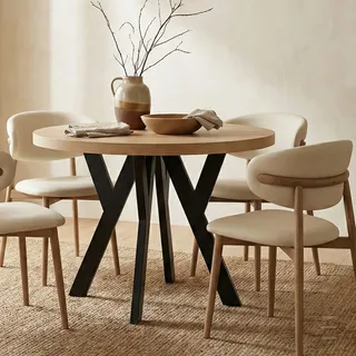 Runder Ausziehbarer Tisch für Esszimmer, PERO, Loft-Stil, Skandinavische, Durchmesser: 110 / 210 cm, Farbe: Eiche Craft Golden / Schwarz - Braun