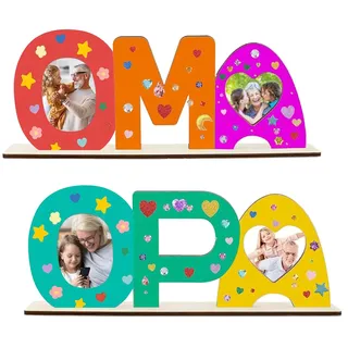 2 Stücke Oma Opa Geschenk Holzbuchstaben Muttertag Holz Fotorahmen von Holz Bastelset Sinnvolle Geschenke für Opa Holznamen Bemalen und Fotos Ankleben für Geburtstag Weihnachten Dekoration