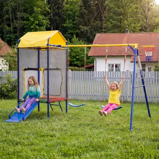 Merax Multifunktionales Outdoor-Schaukel-Set für Kinder mit Trampolin, Schaukel, Rutsche und Basketballkorb, Sicherheitsnetz, stabiler Eisenrahmen - Blau