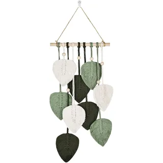 RUCUDIM Makramee Wandbehang Boho Deko, Tapisserie Wanddeko Boho Handgemacht, Makramee Wandteppich mit Holzperlen und Grün Blätter,für Schlafzimmer Kinderzimmer Wanddeko(Grün)
