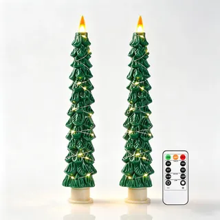 Da by 2 Stück Weihnachtsbaum LED Stabkerzen, Grüne flammenlose Kerzen mit Kupfer-Lichterkette, realistische Flammensimulation, batteriebetrieben mit Fernbedienung für Weihnachtsdekoration
