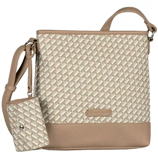 Umhängetasche TOM TAILOR "Xenia", Damen, Gr. B/H/T: 25cm x 25cm x 6,5cm, printed taupe, Polyurethan, Colorblocking, gepflegt, mehrfarbig, Taschen Umhängetasche, mit raffiniert geometrischen "T" Print des Logos auf dem Taschenkörper