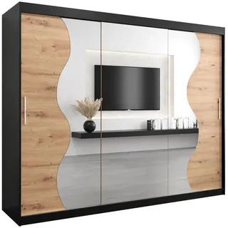 Abiks Möbel Schwebetürenschrank 200/250/62 3-türig , Schwarz, Eiche Artisan , Holz , Nachbildung , 9 Fächer , 250x200x62 cm , Schlafzimmer, Kleiderschränke, Schwebetürenschränke