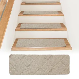 Bocguy 15 Stück Treppenstufen Matten, 55x19cm Stufenmatten Innen rutschfest, Selbstklebend Antirutschmatte Zuschneidbar Wiederverwendbar für Treppenschutz (Beige)