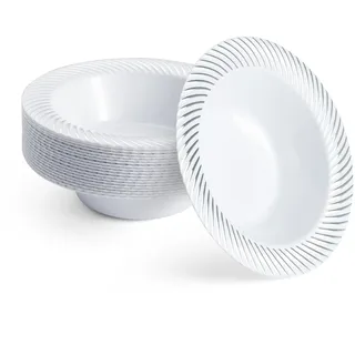 MATANA 20 Weiße Plastikschalen mit Silbernem Rand, Suppenteller, Suppenschalen (360ml) - Suppenschüssel für Hochzeiten, Geburtstage, Taufen, Weihnachten, Partys - Mehrweg & Stabil