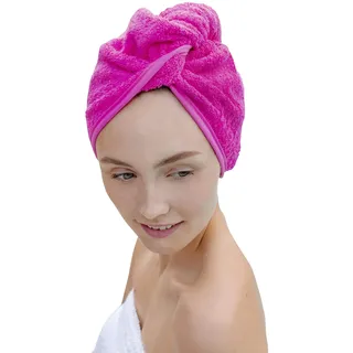 Carenesse Haarturban Baumwolle pink I Turban Handtuch mit Knopf & Schlaufe saugstark I Stabiles Haarhandtuch zur natürlich schonenden Haartrocknung OHNE Mikroplastik