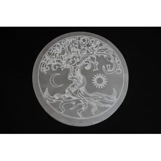 Selenit Lade-Platte Baum des Lebens Ladeplatte Große Kristall Platte Natürliche Energieplatte Stein Edelstein Heilstein Nautrstein Untersetzer Aufladen Laden rund weiß ...