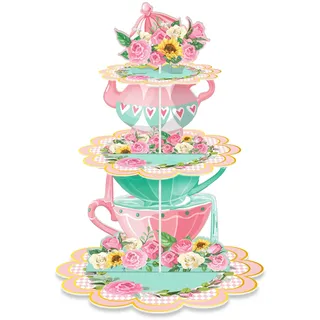 QiLumier Romantischer Nachmittagstee Tortenständer aus Karton, 3 Etagen Cupcake Ständer Dessert Turm Halter Muffinständer Partyzubehör für Hochzeit Geburtstag Party Kuchen Brötchen Torten Etagere