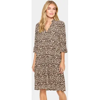 Blusenkleid SAINT TROPEZ "EdaSZ Dress", Damen, Gr. XS (34), N-Gr, braun (schwarz reg leo), Web, Obermaterial: 100% Viskose, knieumspielend, V-Ausschnitt, Volant, Kleider Blusenkleid, Sommerkleid, Tunikakleid mit Volant und 3/4 Ärmel