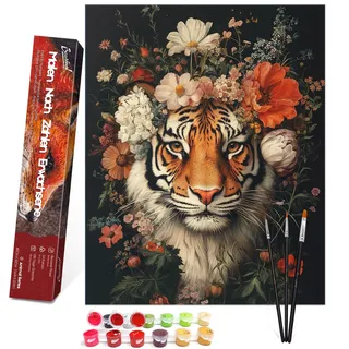 Bougimal Malen Nach Zahlen Erwachsene Tiere Ohen Rahmen inklusive Pinsel und Acrylfarben - 40 x 50 cm, Tiger im Blumenmeer 2