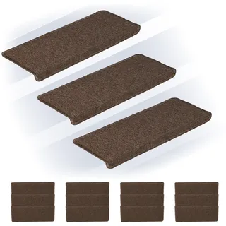 Relaxdays Stufenmatten 15er Set, rechteckige Treppenstufenmatten, 65x24 cm, Selbstklebende Treppenteppiche, Dunkelbraun