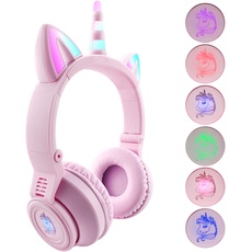YUSONIC Einhorn Kopfhörer Bluetooth, Bluetooth Kopfhörer für Mädchen, Jungen, Laptop, Tablet, LED-Beleuchtung, Kinder-Kopfhörer für Geburtstag, Reisen, Schule, Geschenke. (STN27 lila)