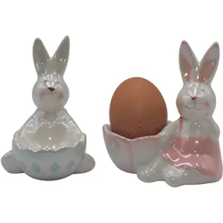Dekohelden24 Keramik Hasen-Paar, Eierbecher, Eierhalter, Dekohasen, glänzend, 2er Set, Größe L/B/H: ca. 6 x 8 x 9,5 cm