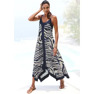 Maxikleid LASCANA, Damen, Gr. 38, N-Gr, beige (creme, graublau bedruckt), Single Jersey, Obermaterial: 100% Viskose, bedruckt, figurumspielend bodenlang, tiefer V-Ausschnitt, Kleider Maxikleid, mit asymmetrischem Saum, Sommerkleid, Animalprint, modisch