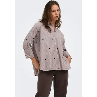 Hemdbluse ONLY "ONLNEW LINA GRACE LS STRIPE EMB SHIRT", Damen, Gr. M, beige (coffee bean), Web, Obermaterial: 85% Polyester, 15% Baumwolle, bestickt, gestreift, Po-bedeckend, Blusen Hemdbluse, Materialmix, Herzchen Stickerei, Topseller