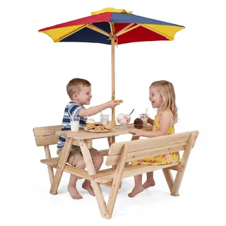 FANTASK Outdoor Kindersitzgruppe mit Sonnenschirm, Gartengarnitur mit Tisch & 2 Sitzbänken für 4 Kinder, Picknicktisch aus Tannenholz, Sitzgruppe für Jungen & Mädchen ab 3 Jahren