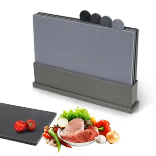 Masthome Schneidebrett Set, Schneidebretter Kunststoff Set mit Ständer,4 Stück Küche Schneidebrett Set für Obst, Gemüse, Fleisch, Spülmaschinenfest und BPA-frei