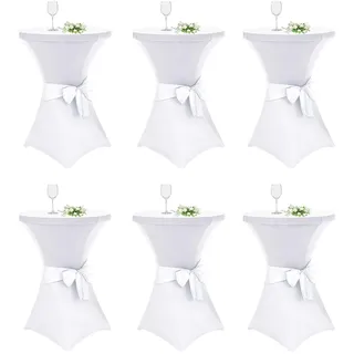 Alishomtll 6er Set Stehtisch Hussen mit Schleife, Ø70cm Stretch Stehtischhussen, Elegante Elastische Tisch-Überzug Hussen für Bistrotisch Runde Stehtisch Bankett Hochzeit (Ø70x110cm, Weiß)