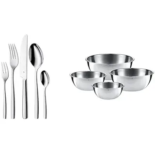 WMF Palma Edelstahl Besteck Set 6 Personen, Essbesteck Set 30 teilig Monobloc-Messer & Gourmet Schüsselset 4-teilig Edelstahl Schüsseln für die Küche 0,75l - 2,75l, Cromargan, stapelbar