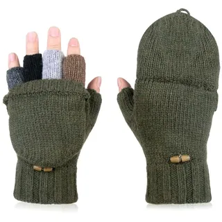 AOKAY Winter Handschuhe Fingerlose Fäustlinge Damen Fingerhandschuhe Fingerlos Handschuhe Strick Handschuhe mit Flip Top (Armeegrün
