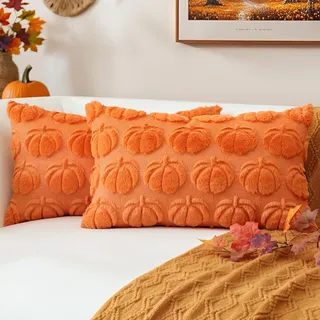 JOTOM 2er Set Kürbis Kissenbezüge, Plüsch Kurze Wolle Dekorativ Zierkissenbezüge Herbst Boho Kissenhüllen Sofakissen Moderne Kissenbezug Herbstdeko für Wohnzimmer Garten (30x50cm, Orange)