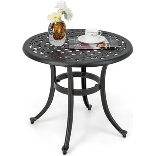 COSTWAY Beistelltisch, Balkontisch wetterfest mit verstellbaren Fußpolstern, runder Gartentisch Aluminiumguss 60x60x53cm Antikbraun - Dunkelbraun