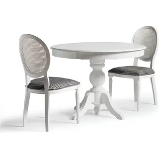 Luxus Essgruppe Esszimmer Runder Esstisch Stühle 3tlg Weiß Stoff Holz - Weiß