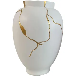 Weiße und goldene Vase, inspiriert von Kintsugi japanischer Kunst, konisch, klassische Tasche, Blumenvase für Trockenblumen-Dekoration (klassisch)