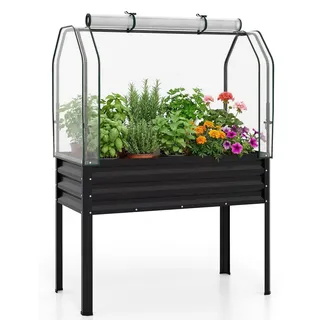 KOMFOTTEU Hochbeet mit PE-Abdeckung, erhöhtes Gartenbeet mit aufrollbarer Reißverschlusstür & Metallrahmen, ergonomische Kräuterbeet für Garten, Balkon & Terrasse, 112 x 55 x 152 cm, Schwarz - Schwarz