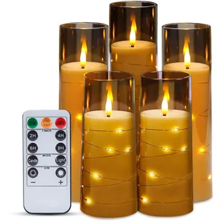 IMAGE Flackernde flammenlose Kerzen batteriebetrieben, Acryl Shell Pillar 3D Docht LED-Kerzen Timer für Hochzeit Weihnachten Home Decor Set von 5 (D2,3 in X H5 5 7 7 8 in), grau