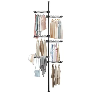 BAOYOUNI Teleskop Kleiderständer mit 6 Armen, Stehend Wäscheständer aus Metall, Höhenverstellbar Teleskopstange Kleiderbügel für Schlafzimmer, Ankleidezimmer, Büro, Boden bis zur Decke, Schwarz