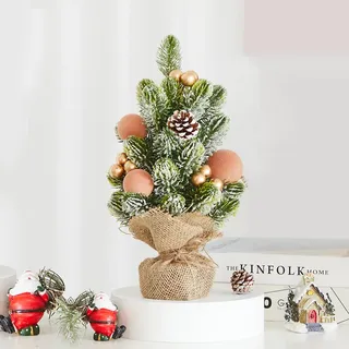 MYELLU Sackleinen Klein Kuenstlich Weihnachtsbaum Beleuchtung Deko - Kuenstlich Echt Christmas Tree mit LED für Innen Haus Tisch Fenster Teelichthalter Draussen Aussen mit Weihnachtskugeln