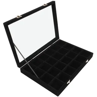 Belle Vous Schwarzer Samt Jewelry Organizer mit 24 Fächern & Glasdeckel - Schmuckkasten Groß & Stapelbar - Verstellbare Organizer Schmuck Fächer für Ringe, Ohrringe, Uhren & Ketten Aufbewahrung