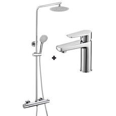 Kibath ROU Thermostatische Duschsäule + AST-Waschbeckenarmatur, höhenverstellbares Rohr von 80 bis 120 cm, chrom glänzend, 830 x 1200 cm