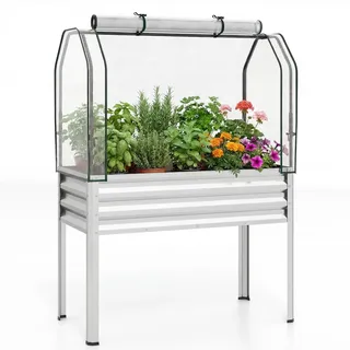 KOMFOTTEU Hochbeet mit PE-Abdeckung, erhöhtes Gartenbeet mit aufrollbarer Reißverschlusstür & Metallrahmen, ergonomische Kräuterbeet für Garten, Balkon & Terrasse, 112 x 55 x 152 cm, Schwarz - Silber