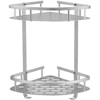 GERUIKE Duschkorb Ohne Bohren Ecke - Badezimmer Regal Silber - Duschregal Ecke Badezimmer Organizer, Duschkörbe mit Stark Kleber, Aluminium Eckregal Bad 2-Tier Duschablage Ohne Bohren