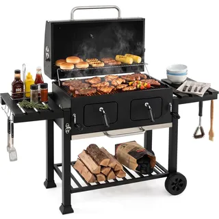 COSTWAY Holzkohlegrill mit Deckel XXL, Grillwagen | Standgrill mit 2 Seitentischen, 2 höhenverstellbaren Kohleschalen, Thermometer, Grillrost, Flaschenöffner & Abdeckhaube