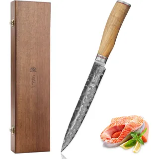 Wakoli Damast Fleischmesser I 20cm Klinge I Olivenholzgriff und Hammerschlag