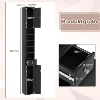 Schmaler Badschrank mit 2 Türen & 1 Schublade Hochschrank 20 x 20 x 180 cm Schwarz - Schwarz