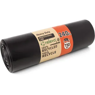 Relevo Professionelle Schwarze Schwerlast-Mülltonnensäcke – 240L (B 120 cm × H 140 cm), 10 Säcke pro Rolle | Extra Stark & Auslaufsicher | 55 μm (Mikrometer) | 100% Recyceltes LDPE